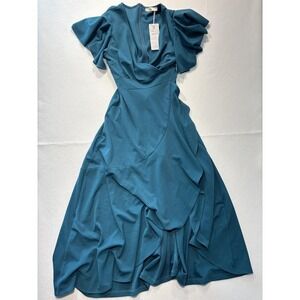 ZZV Dress Womens Medium Blue Cowl Neck Flutter Sleeve Asymmetrical Ruffle Midi